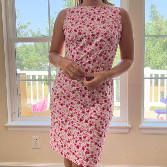 CDC Dresses & Skirts - Vintage Retro Pink Micro Rose Print Cottagecore Floral Girly Sheath Dress Size 8
